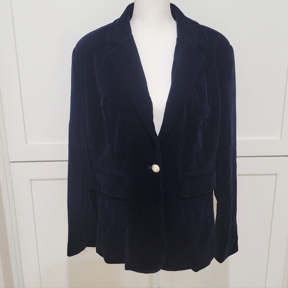 Navy Velvet Lined Blazer | Single Button Tailored Jacket | Size 2X